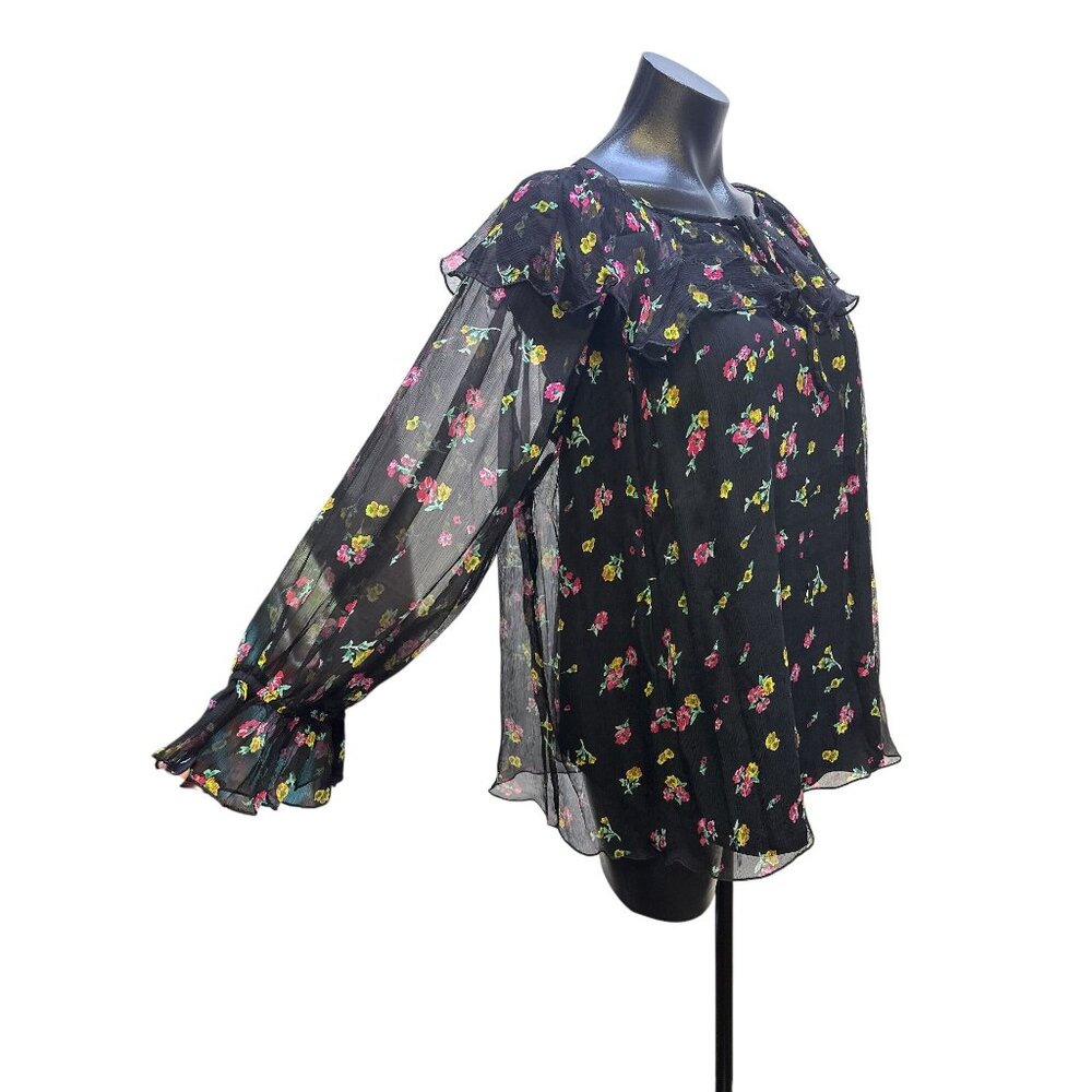 NWT Johnny Was Black Sheer Floral Ruffle Blouse w/Black Undershirt Size L - Picture 4 of 13